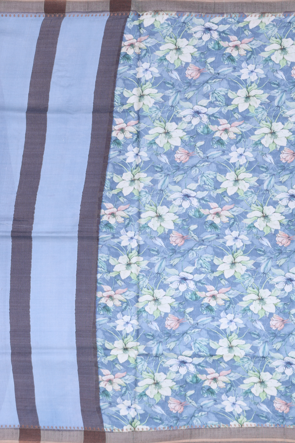 Tussar Silk Saree In Dusty Blue With Floral Design