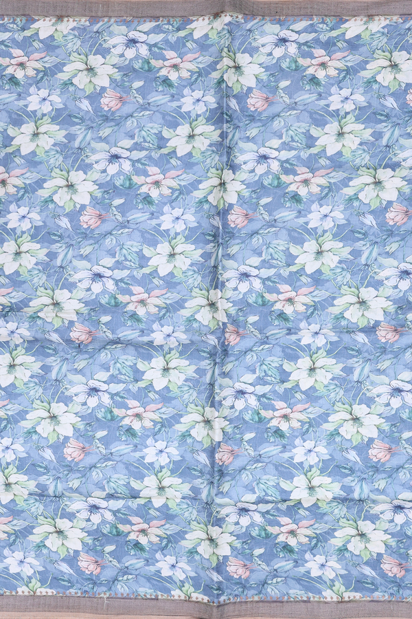 Tussar Silk Saree In Dusty Blue With Floral Design