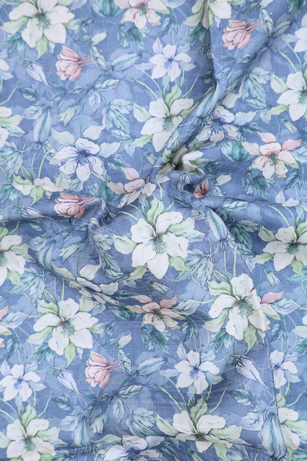 Tussar Silk Saree In Dusty Blue With Floral Design