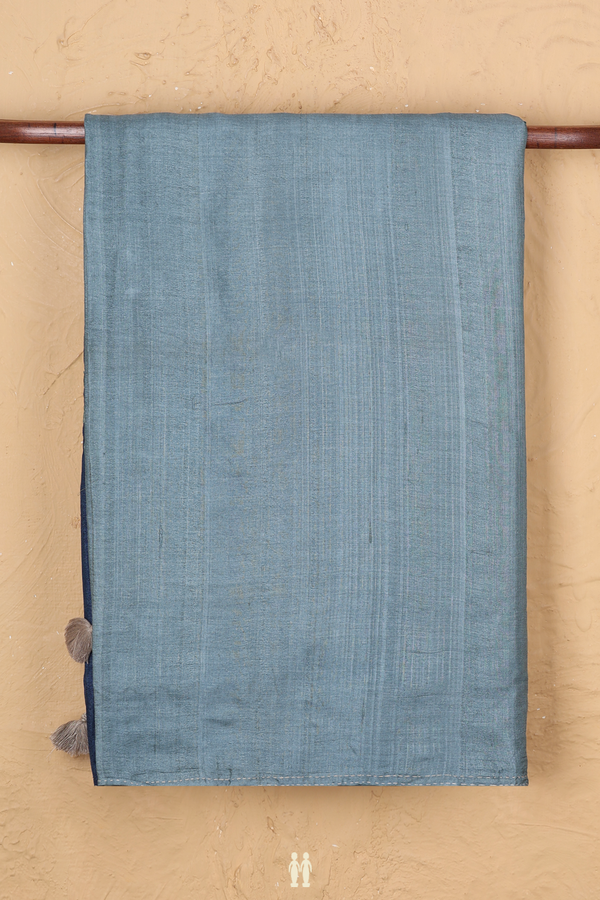 Tussar Silk Saree In Dusty Blue With Hand Embroidered Pallu