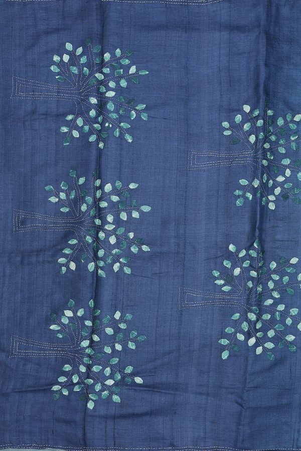 Tussar Silk Saree In Dusty Blue With Hand Embroidered Pallu
