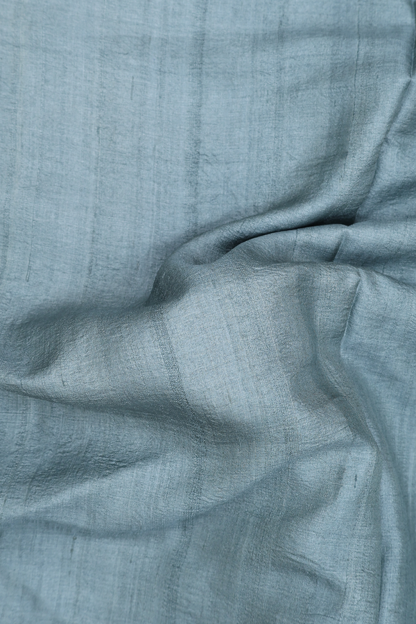 Tussar Silk Saree In Dusty Blue With Hand Embroidered Pallu