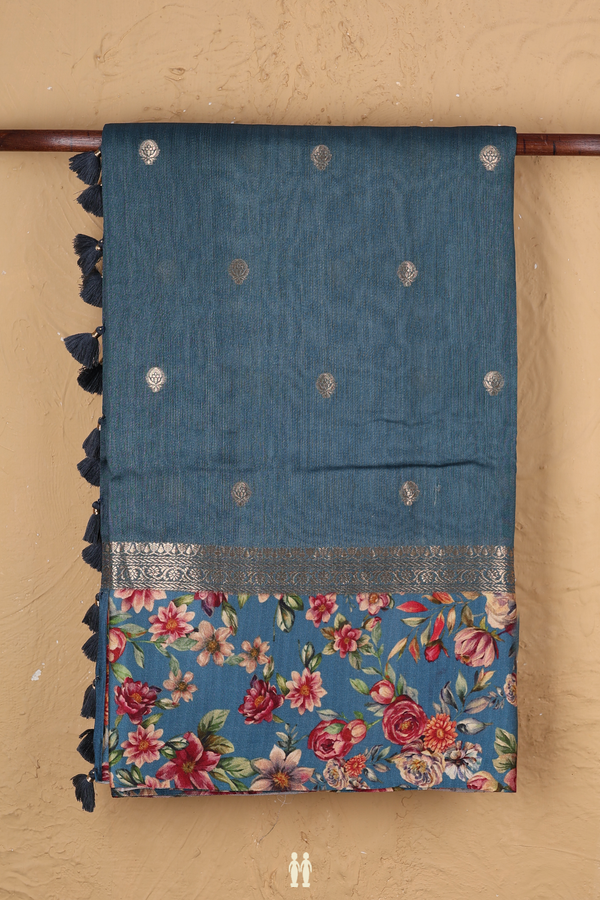 Tussar Silk Saree In Dusty Blue With Zari Buttas