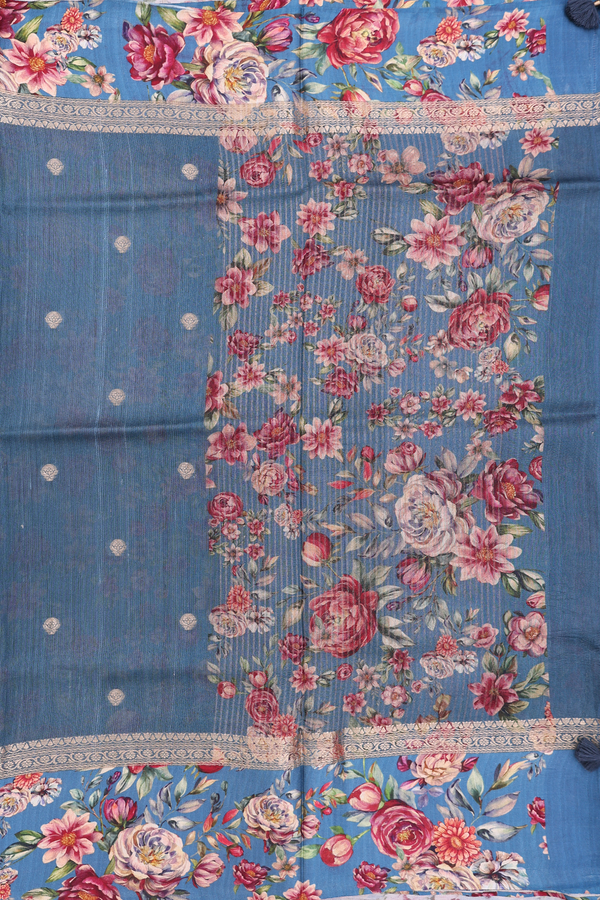 Tussar Silk Saree In Dusty Blue With Zari Buttas