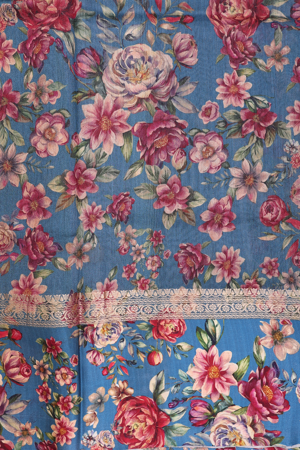 Tussar Silk Saree In Dusty Blue With Zari Buttas