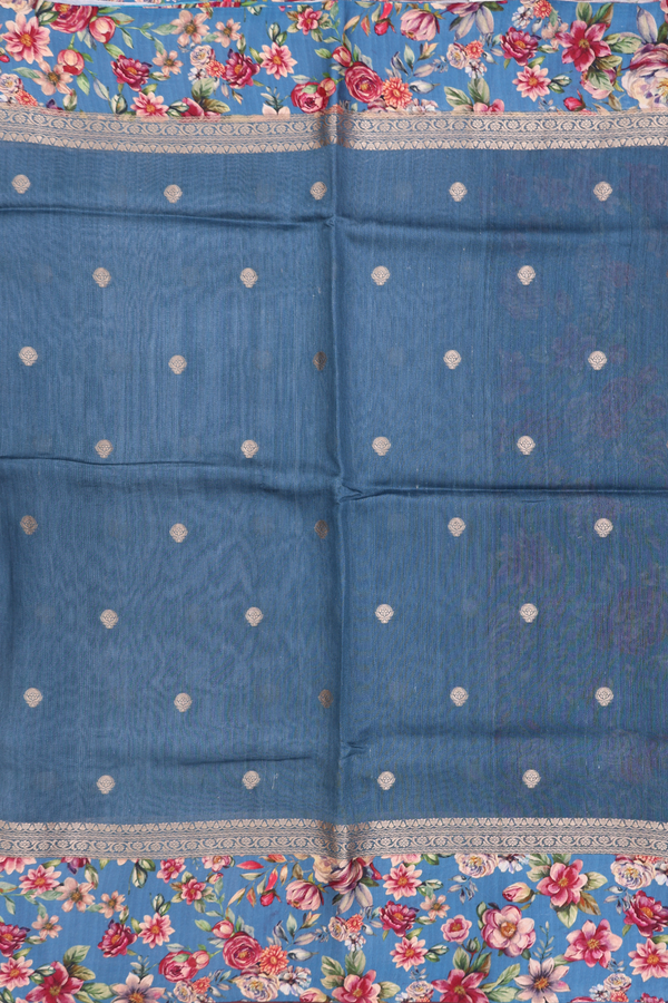 Tussar Silk Saree In Dusty Blue With Zari Buttas