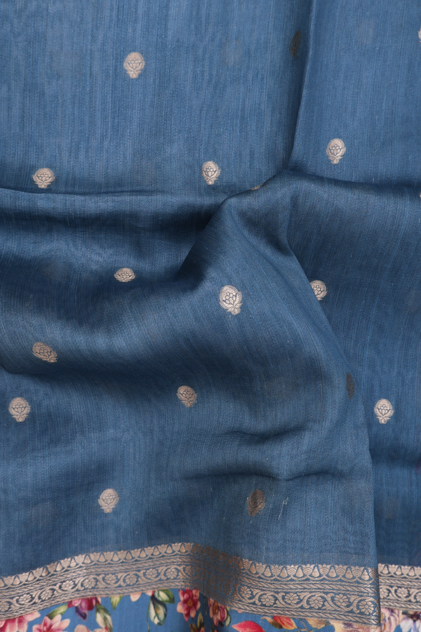Tussar Silk Saree In Dusty Blue With Zari Buttas