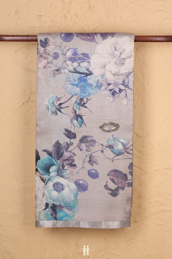 Tussar Silk Saree In Tan Grey With Floral Design