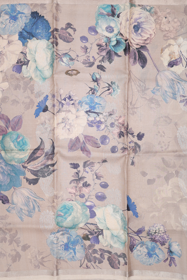 Tussar Silk Saree In Tan Grey With Floral Design