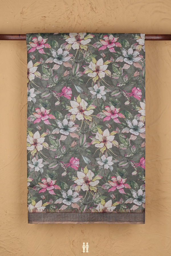 Tussar Silk Saree In Dusty Green With Floral Design