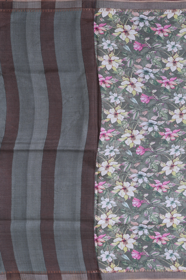 Tussar Silk Saree In Dusty Green With Floral Design