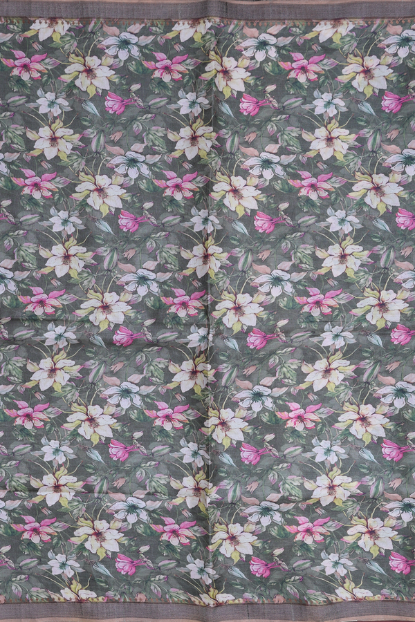 Tussar Silk Saree In Dusty Green With Floral Design