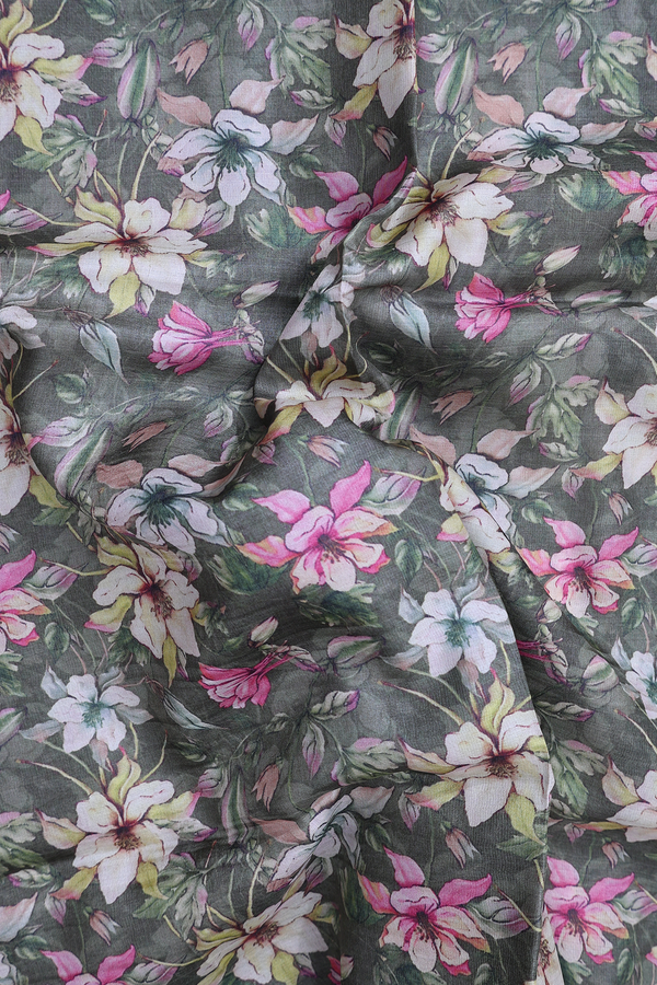 Tussar Silk Saree In Dusty Green With Floral Design