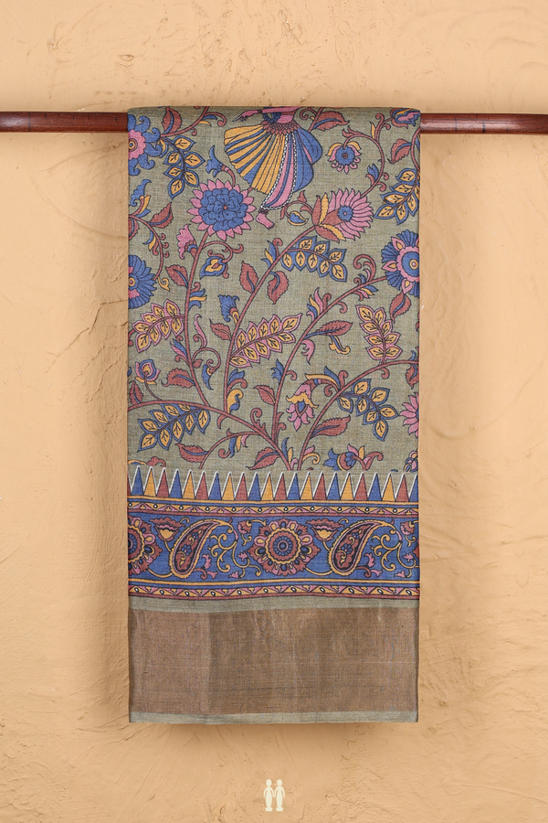 Tussar Silk Saree In Dusty Olive Green With Floral Design