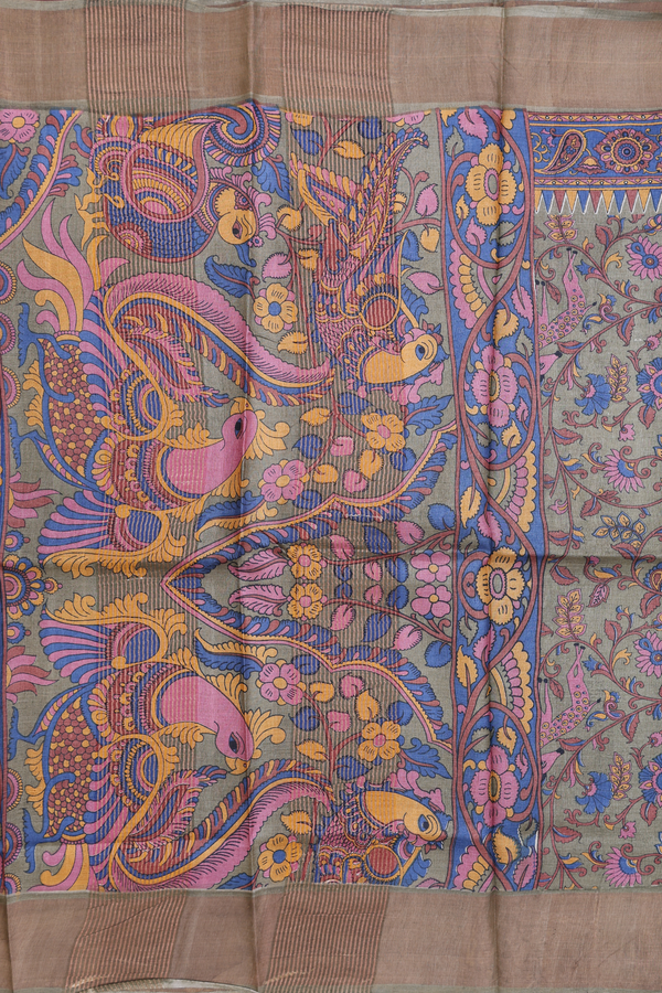 Tussar Silk Saree In Dusty Olive Green With Floral Design