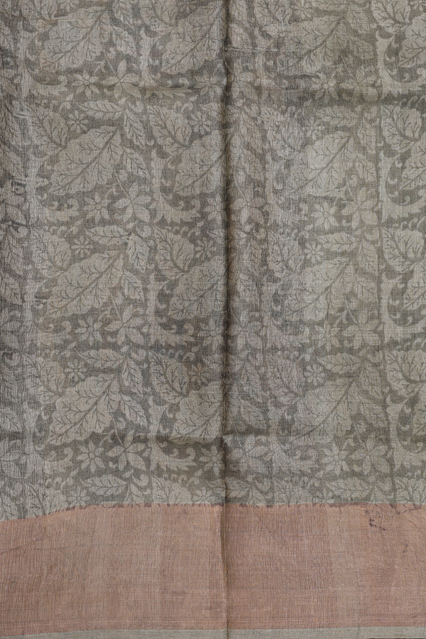 Tussar Silk Saree In Dusty Olive Green With Floral Design