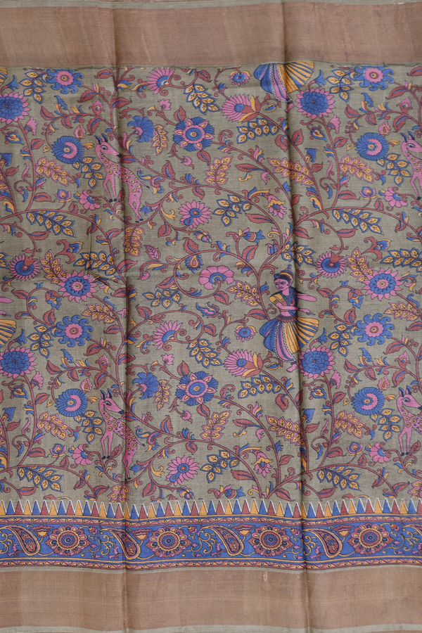Tussar Silk Saree In Dusty Olive Green With Floral Design