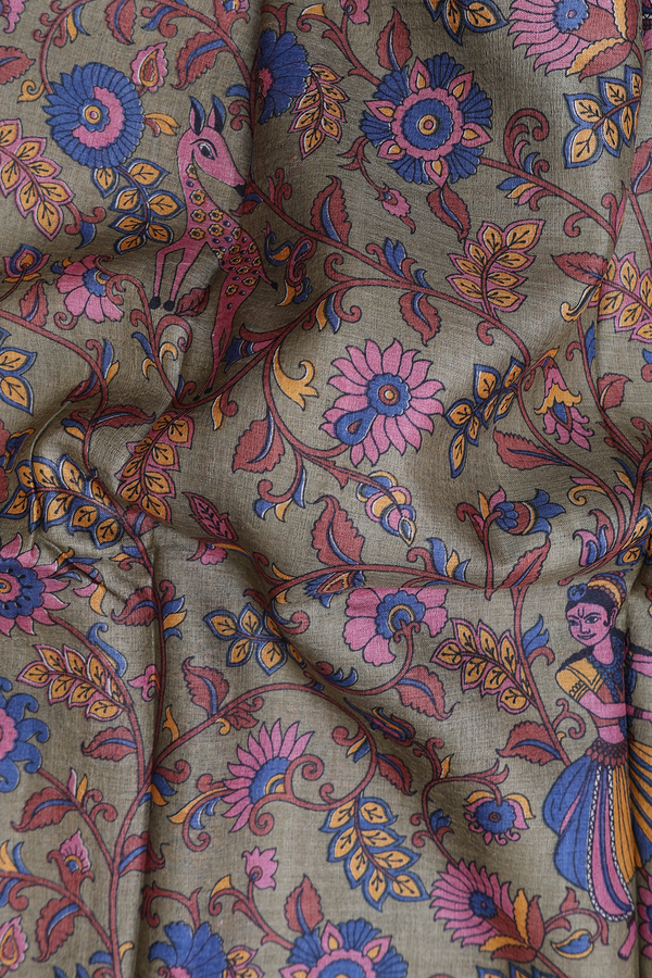 Tussar Silk Saree In Dusty Olive Green With Floral Design