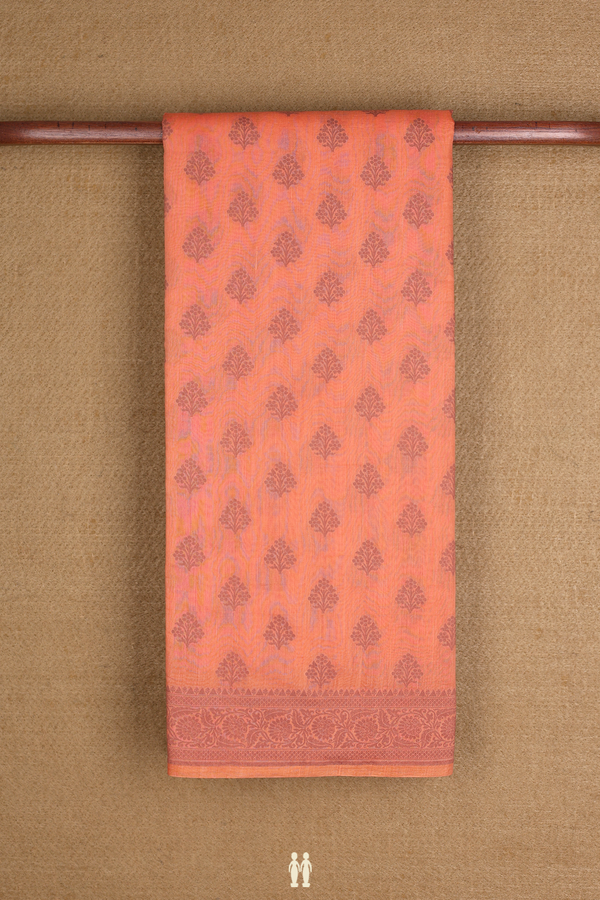 Tussar Silk Saree In Dusty Orange With Floral Thread Motifs