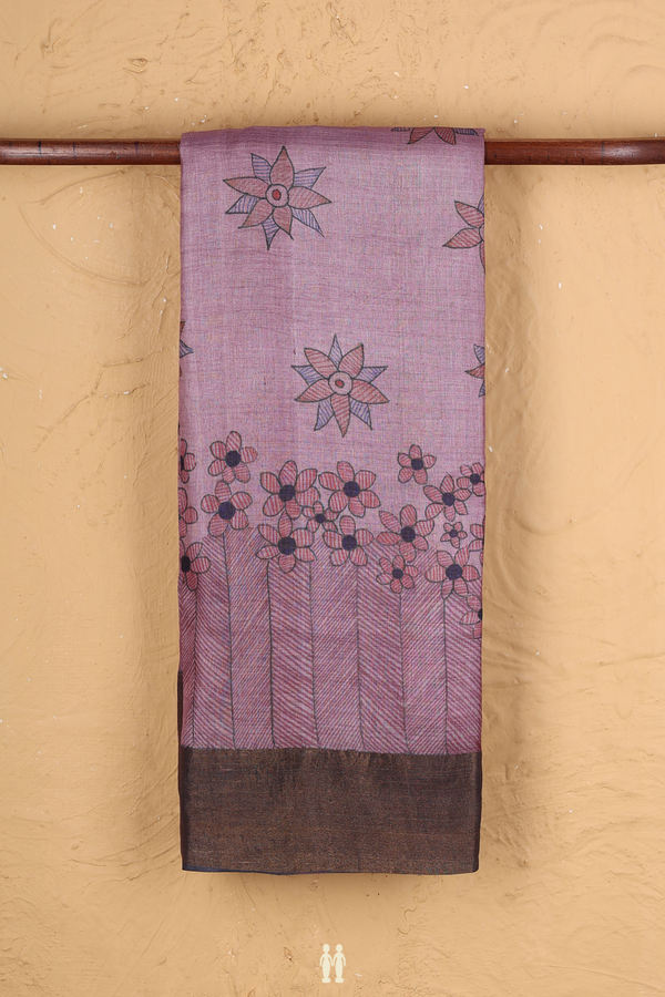 Tussar Silk Saree In Dusty Purple With Floral Design