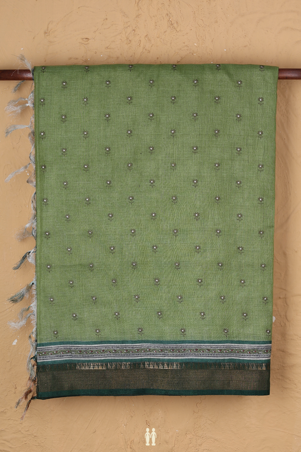Tussar Silk Saree In Fern Green With Floral Buttis