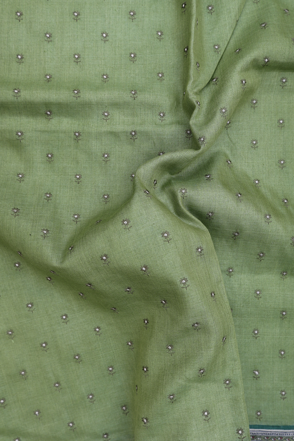 Tussar Silk Saree In Fern Green With Floral Buttis