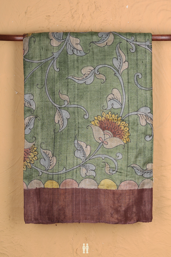 Tussar Silk Saree In Fern Green With Floral Design