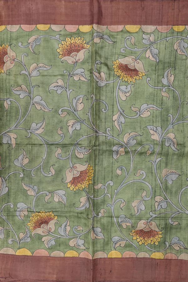 Tussar Silk Saree In Fern Green With Floral Design