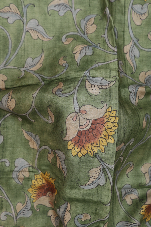 Tussar Silk Saree In Fern Green With Floral Design