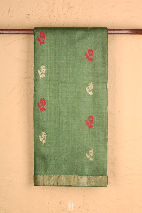 Tussar Silk Saree In Fern Green With Floral Motifs