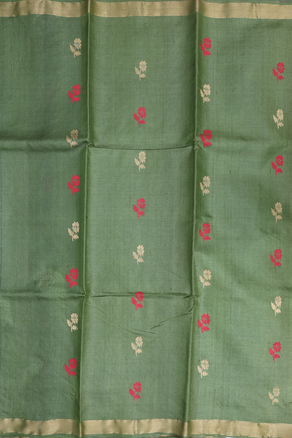 Tussar Silk Saree In Fern Green With Floral Motifs