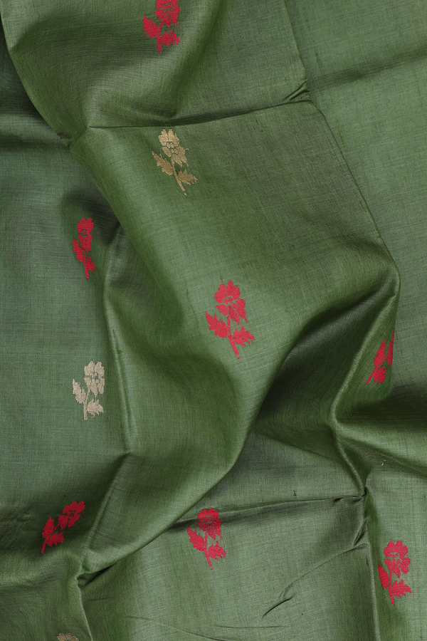 Tussar Silk Saree In Fern Green With Floral Motifs