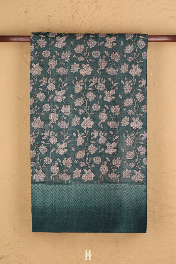 Tussar Silk Saree In Forest Green With Floral Design