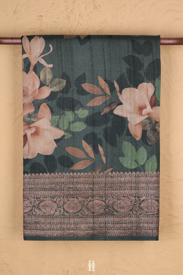 Tussar Silk Saree In Forest Green With Floral Printed Design