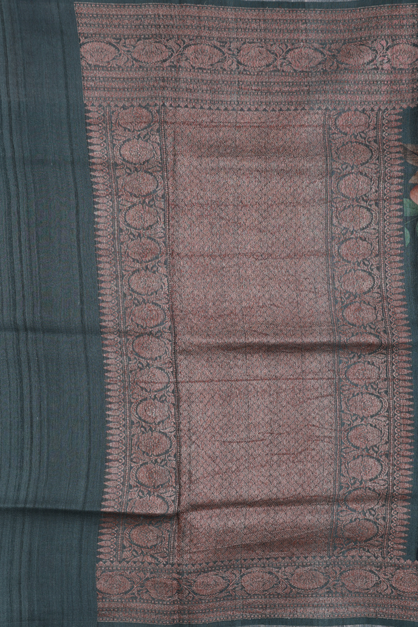 Tussar Silk Saree In Forest Green With Floral Printed Design