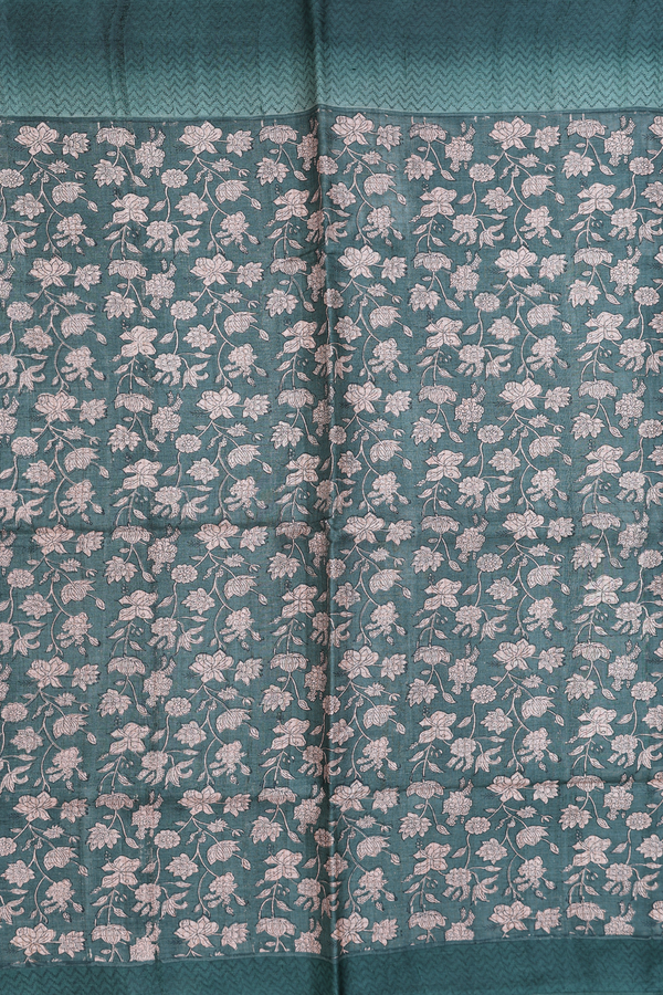 Tussar Silk Saree In Forest Green With Floral Design
