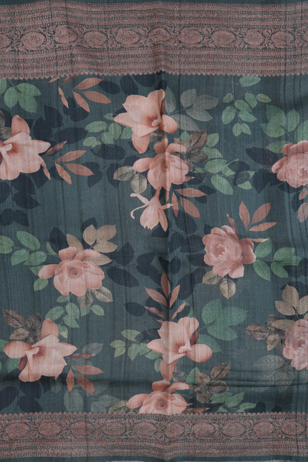 Tussar Silk Saree In Forest Green With Floral Printed Design