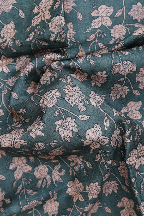 Tussar Silk Saree In Forest Green With Floral Design