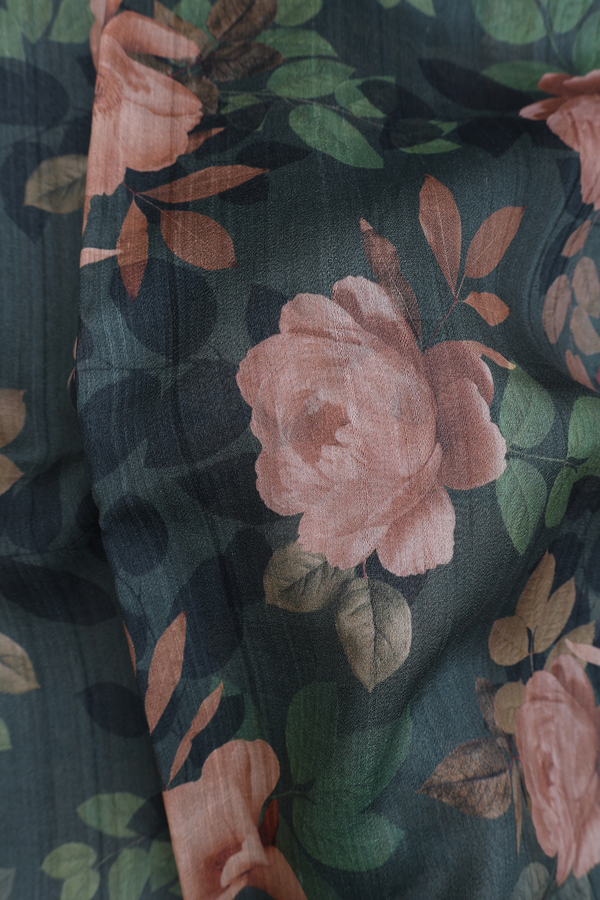Tussar Silk Saree In Forest Green With Floral Printed Design