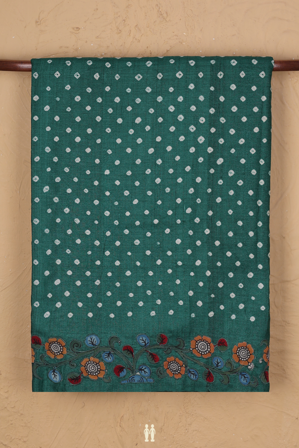Tussar Silk Saree In Forest Green With Printed Buttas