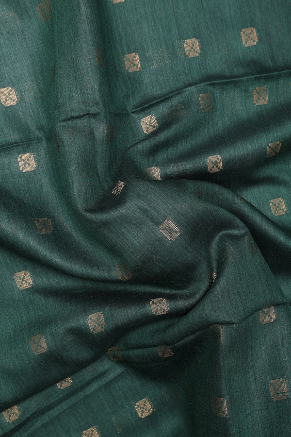 Tussar Silk Saree In Forest Green With Zari Buttas
