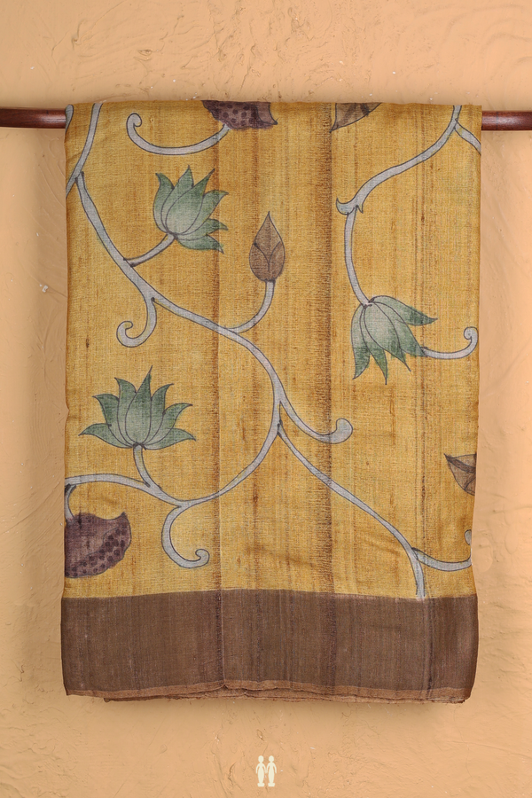 Tussar Silk Saree In Golden Brown With Floral Design
