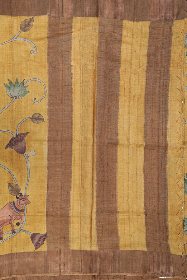 Tussar Silk Saree In Golden Brown With Floral Design