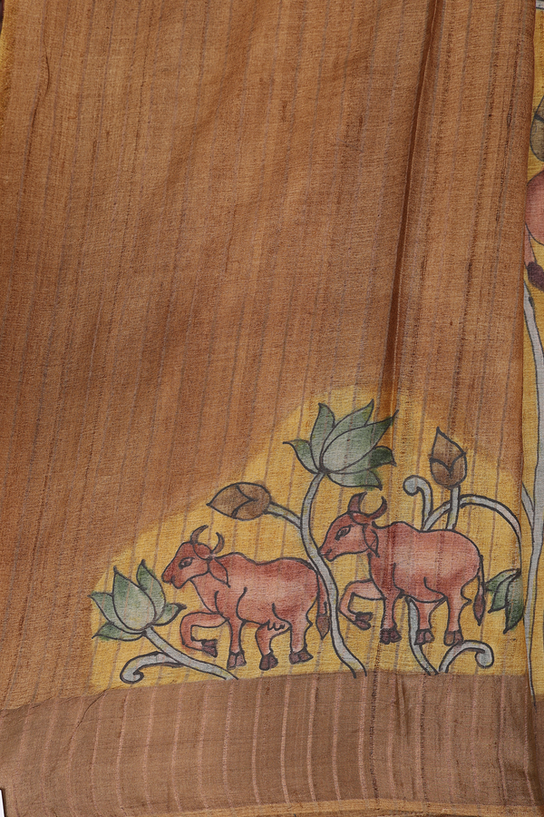 Tussar Silk Saree In Golden Brown With Floral Design