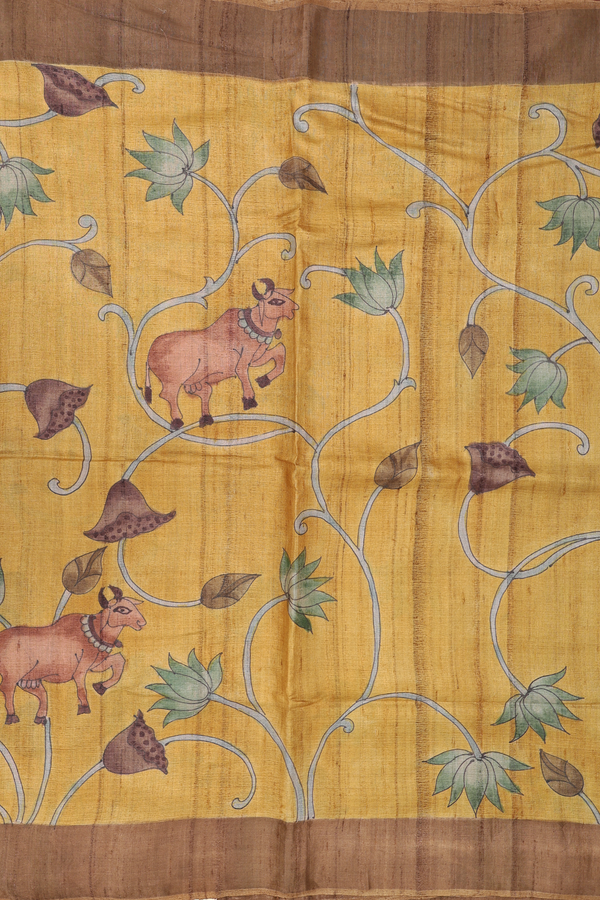 Tussar Silk Saree In Golden Brown With Floral Design