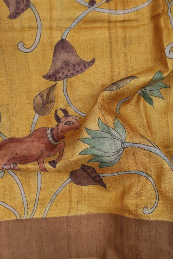 Tussar Silk Saree In Golden Brown With Floral Design