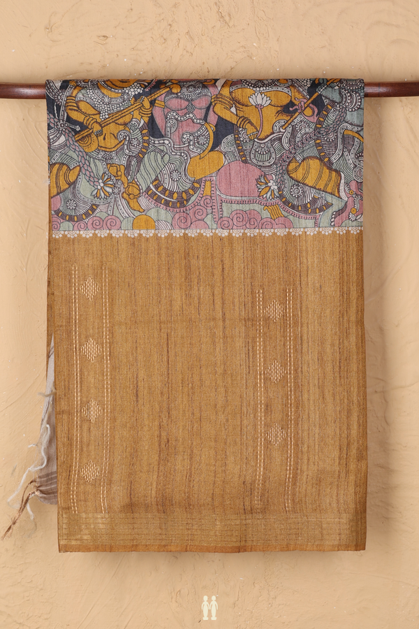 Tussar Silk Saree In Golden Brown With Madhubani Design