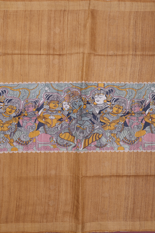 Tussar Silk Saree In Golden Brown With Madhubani Design