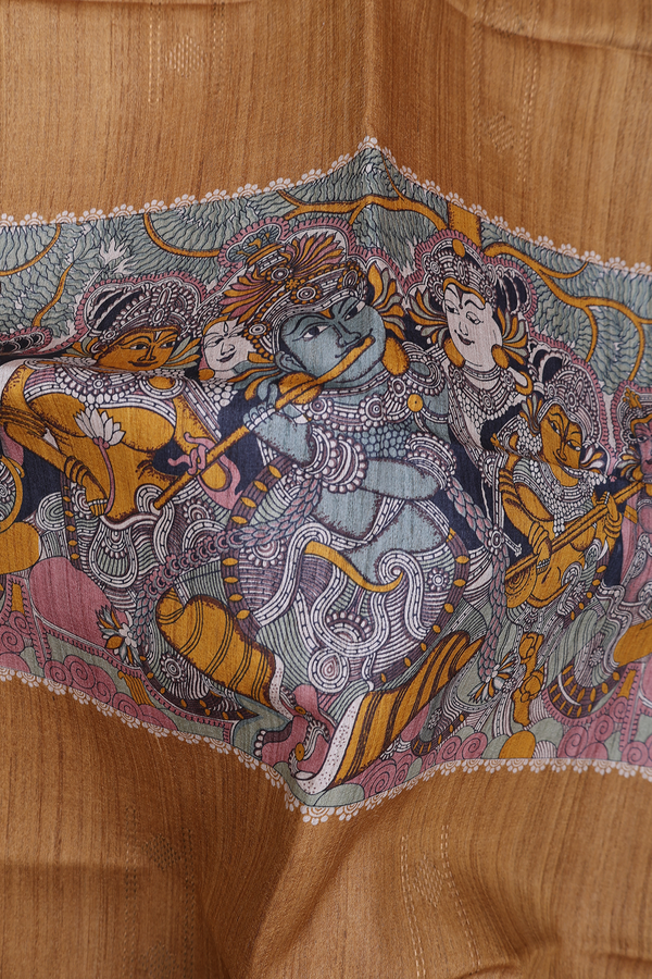 Tussar Silk Saree In Golden Brown With Madhubani Design
