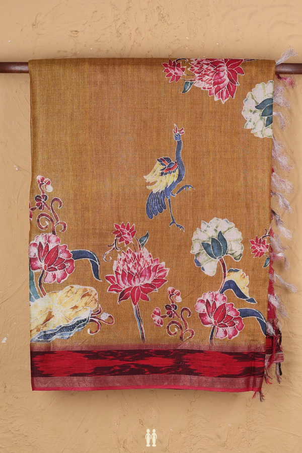 Tussar Silk Saree In Golden Brown With Peacock Printed Design